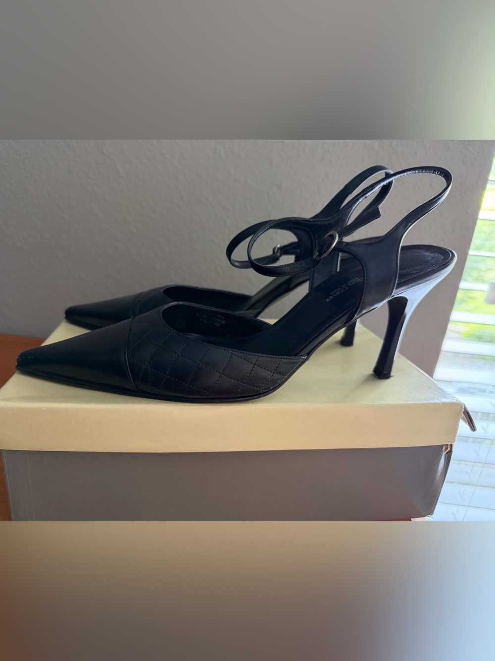 Casual Corner Black Quilted Pointed-Toe Slingback Heels